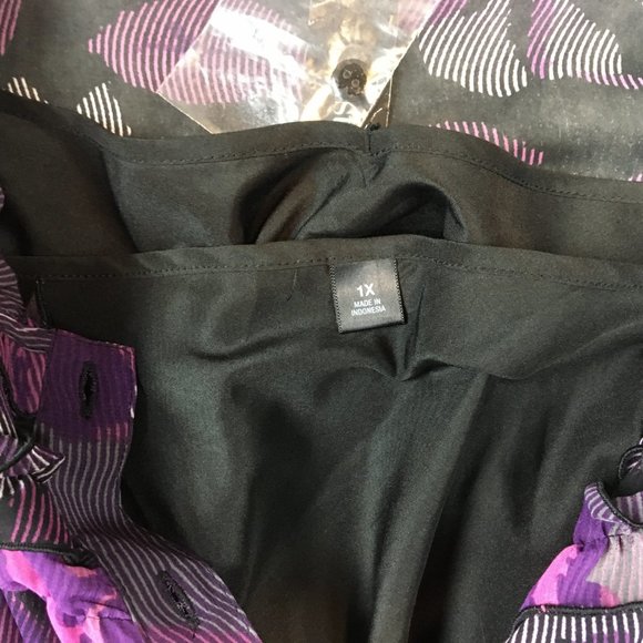 East 5th Top 1X Blouse Chiffon Button Front Smocked Short Sleeve Purple Office - Picture 8 of 10